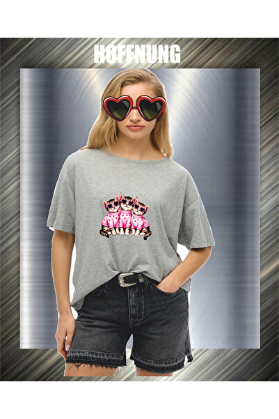 HOFFNUNG Unisex Short Sleeve Round Neck 3Cats Glasses Printed Solid Color Tshirt