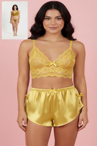 NOOALA GİYİM Women's Satin Shorts and Lace Bustier Set - Night Set
