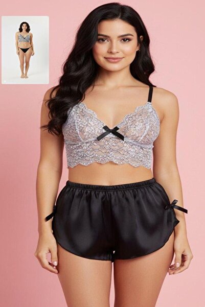 NOOALA GİYİM Women's Satin Shorts and Lace Bustier Set - Night Set