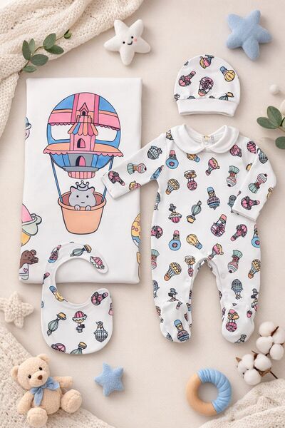 Baby day Cotton 4-Piece Baby Set-White with Colorful Prints-Fun Design