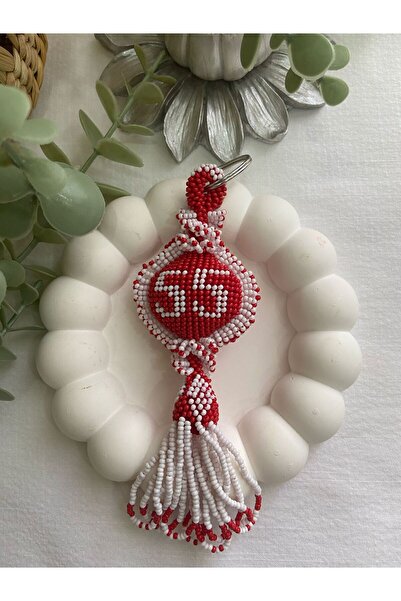 Handmade KUM BONCUK EL İŞİ KIRMIZI BEYAZ 55 PLAKALI ANAHTARLIK
