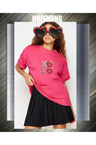 HOFFNUNG Unisex Short Sleeve Round Neck Xo Xo Printed Solid Color Tshirt