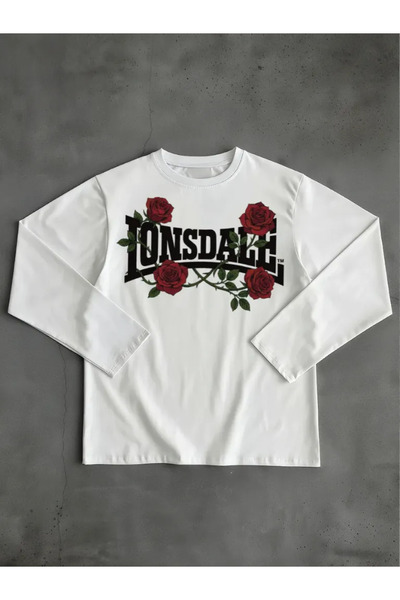 ELNOYA Lonsdale Rose Patterned White Long Sleeve Sweatshirt