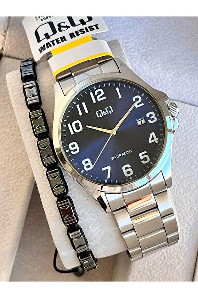 Q&Q ساعة يد رجالية باللون الفضي مع سوار هدية