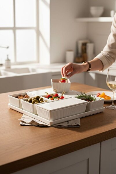 Saule Kare Tepsili 6 Bölmeli Kapaklı Kahvaltılık Sunum Seti