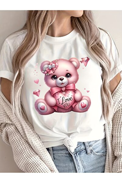 GALASHOP تي شيرت مطبوع عليه دمية دب - بتصميم قلوب وردية وتصميم I Love You
