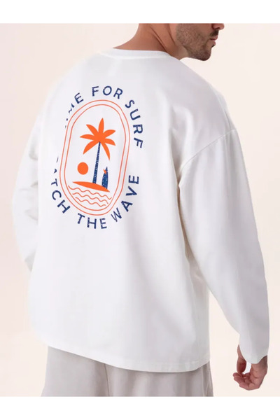 ELNOYA Men's White Printed Oversize Sweatshirt