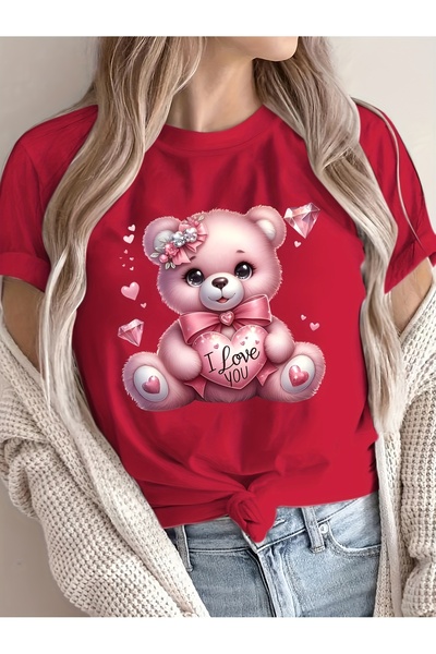 GALASHOP تي شيرت مطبوع عليه دمية دب - بتصميم قلوب وردية وتصميم I Love You