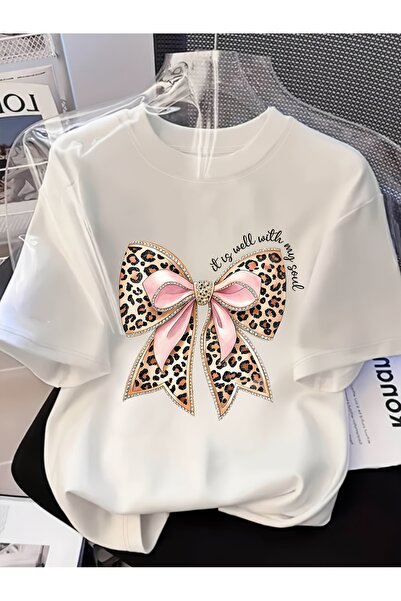 GALASHOP تي شيرت نسائي أنيق برقبة دائرية وطبعة فيونكة ونقشة جلد الفهد