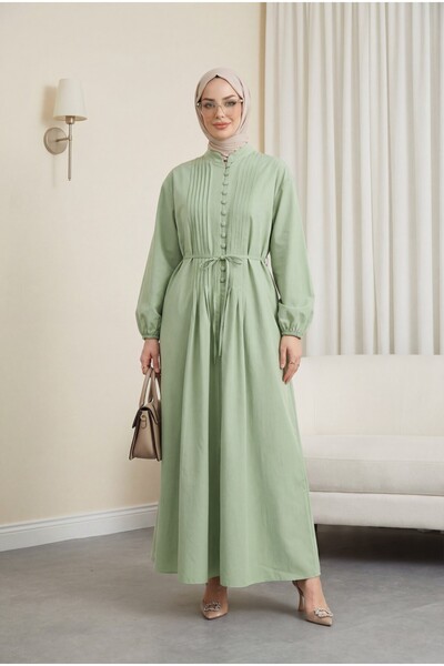 Modamorfo Ребриста рокля от поплин с предно полу-копчаво закопчаване - зелена