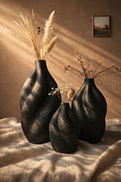 SZN HOME DESİGN Modern Dekorasyon Seramik Görünümlü Mat Siyah 3’lü Vazo Set