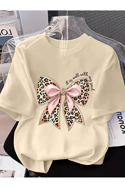 GALASHOP تي شيرت نسائي أنيق برقبة دائرية وطبعة فيونكة ونقشة جلد الفهد