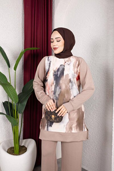 QUAWEAR Crew Neck, Side Zipper, Slit Front, Printed Tunic and Trousers, Knitt...