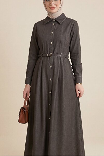Modamorfo Buttoned Front, Pleated Detailed Tunnel Belted Denim Dress - Earthy