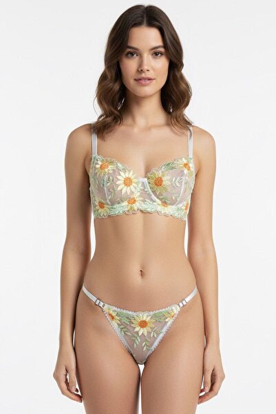 NOOALA GİYİM Kadın Nakışlı Şeffaf Tül Balenli İç Giyim Takımı - Floral Elegan...