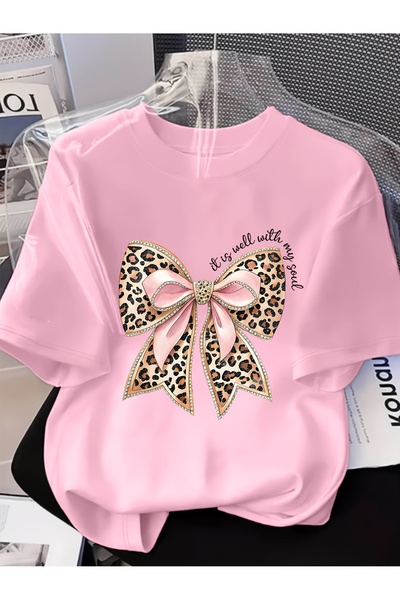 GALASHOP تي شيرت نسائي أنيق برقبة دائرية وطبعة فيونكة ونقشة جلد الفهد