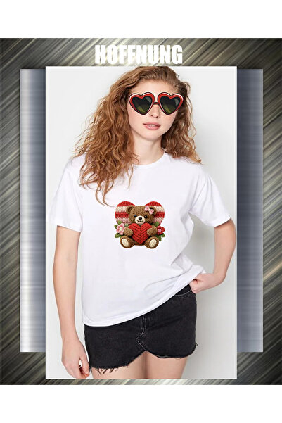 HOFFNUNG Unisex Short Sleeve Round Neck Stripped Heart Bear Printed Solid Col...