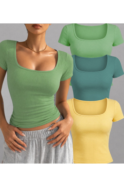 NERTH STYLE Set of 3 U-Neck Short Sleeve Ribbed Cotton Blouse T-Shirts