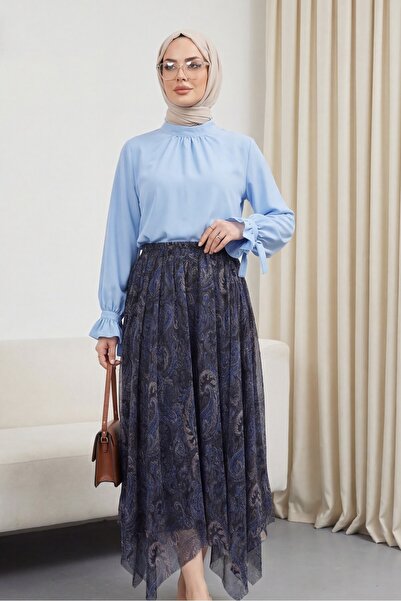 Modamorfo Φούστα σιφόν με ελαστική μέση και μοτίβο - μπλε ναυτικό