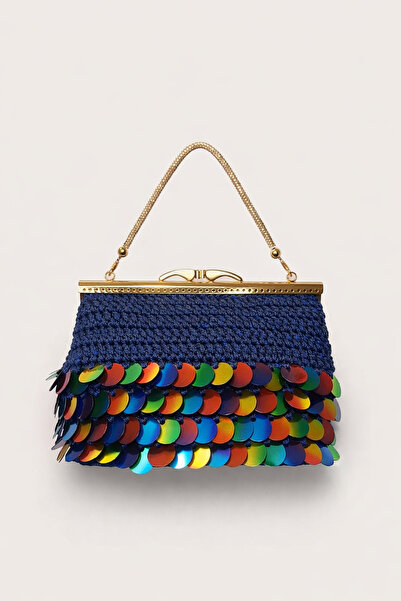 BY AKTEPE STORE Sequined Women's Evening Dress Bag Navy Blue Gold Clip Clutch...