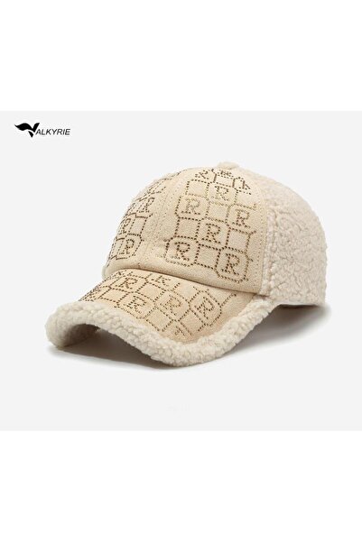 valkyrie Plush Hat for Women – Cream Color with Stone Detail, Adjustable Wint...
