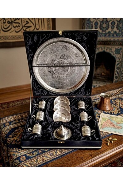 Sabit Bakırcılık Copper 6-Person Cup Set with Tinplate Grape Pattern Velvet Box