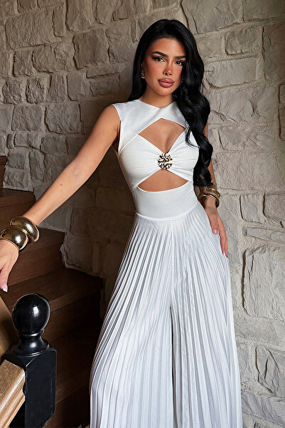 Eyyo White Varolli Chest-Cut Wide-Leg Pleated Jumpsuit Ate-4968