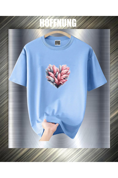 HOFFNUNG Unisex Short Sleeve Round Neck Feather Heart Printed Solid Color Tshirt