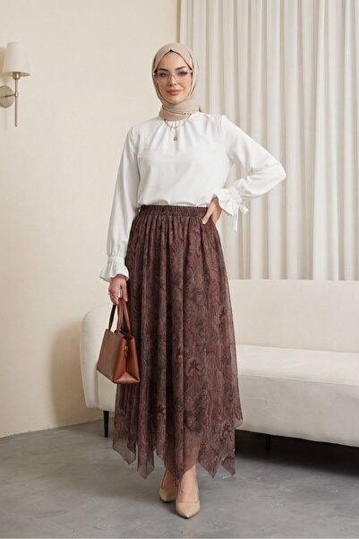 Modamorfo Φούστα σιφόν με ελαστική μέση και μοτίβο - καφέ