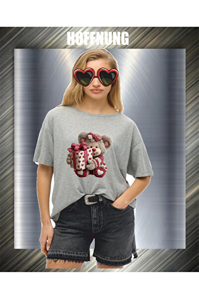 HOFFNUNG Unisex Short Sleeve Round Neck Bear Present Bear Printed Solid Color...