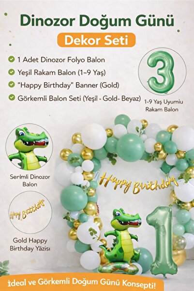 Bkmc Dinozor Temalı Yaş Balonlu Doğum Günü Parti Seti Yeşil Gold Balon Seti & Dino Balon Seti