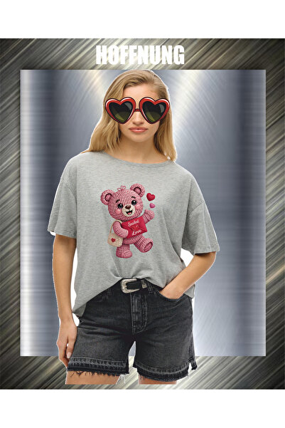 HOFFNUNG Unisex Short Sleeve Round Neck Sealed Heart Bear Printed Solid Color...