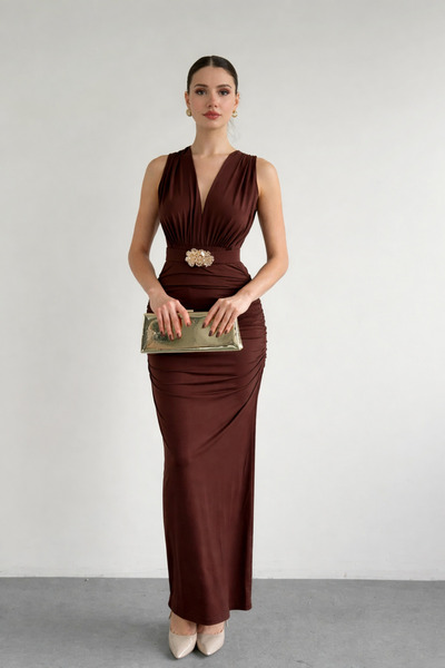 MİROR Women's Brown V-Neck Dress with Accessory Detail and Belt