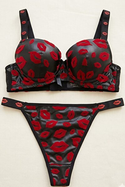 NOOALA GİYİM Women's Black Leather Look Red Lip Print Push-Up Set - Kiss Me S...