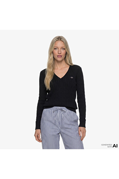 Gant Kadın Siyah Slim Fit V Yaka Kazak