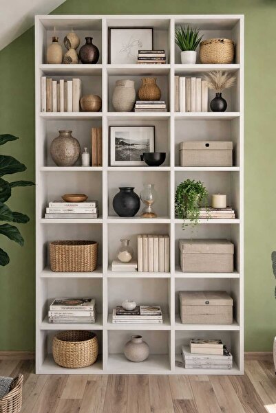 MODENZA %100 MDF Çok Raflı Kitaplık- Kütüphane - Hareketli Raflı - Beyaz