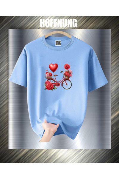 HOFFNUNG Unisex Short Sleeve Round Neck Bicycle Heart Roses Printed Solid Col...