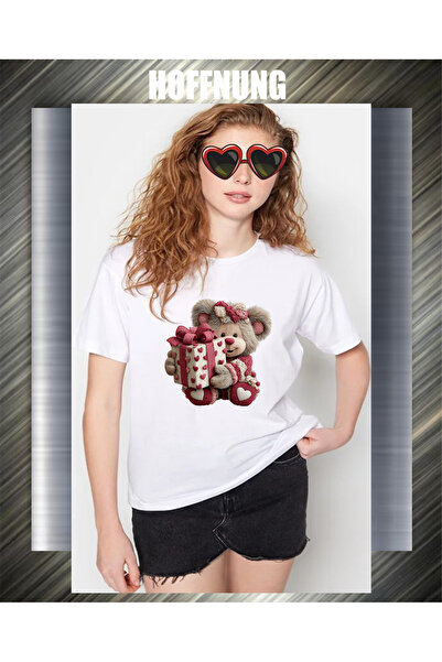 HOFFNUNG Unisex Short Sleeve Round Neck Bear Present Bear Printed Solid Color...