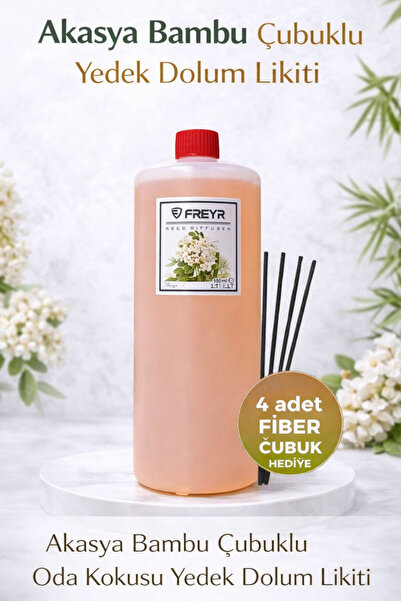 FREYR Akasya Oda Kokusu 1 Litre Yedek Dolum Likiti — Bambu Çubuklu Reed Diffu...