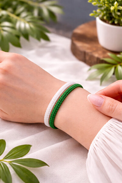 Crystal Atelier Green and White Fan Bracelet - Unisex Macrame Knitted Fan Bra...