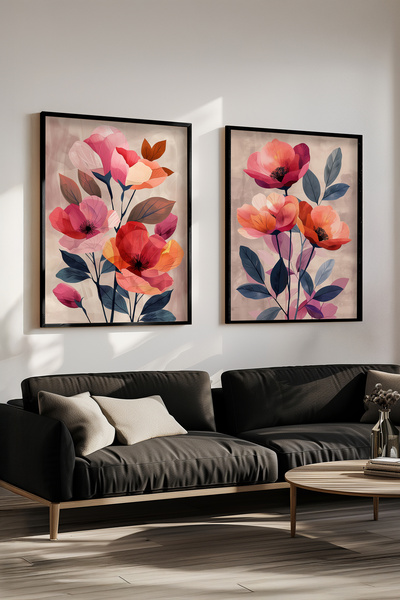 STARYUNA Black Wooden Framed Double Painting Set with Pastel Flower Illustrat...