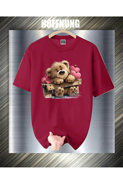 HOFFNUNG Unisex Short Sleeve Round Neck Thinking Heart Bear Printed Solid Col...