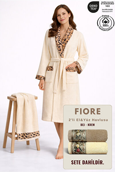 Ellaline 2 Piece Leopard Patterned Women's Bathrobe Set 100% Cotton Certified...