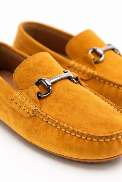 VARNAS Men's Mustard Suede Genuine Leather Metal Buckle Loafer Daily Casual Shoes - Despina