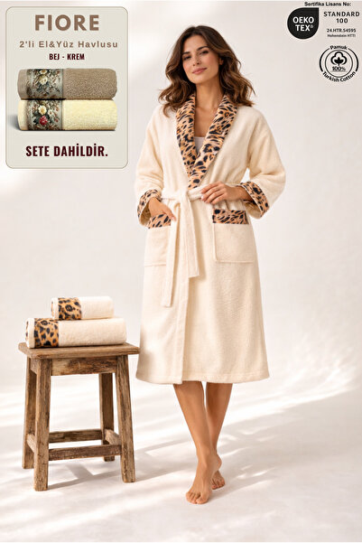 Ellaline 3 Piece Leopard Patterned Women's Bathrobe Set 100% Cotton + Fiore 2...