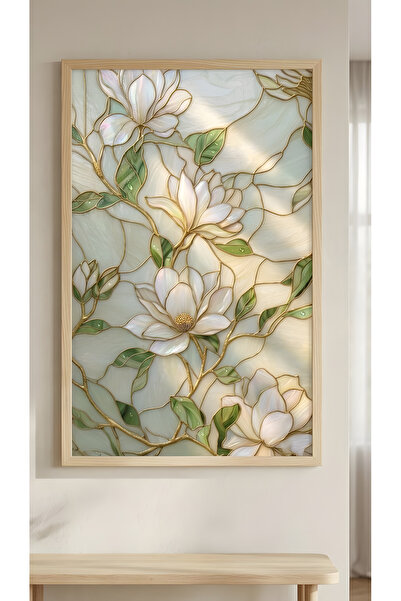 DEKORASOR Vitray Görünümlü Manolya Çerçeveli Tablo Modern Çiçekli Duvar Dekor...