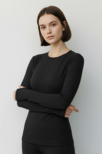 LİNALP Women's Black Finger-Looped Bodysuit – Long Sleeve Slim Fit Basic Blouse