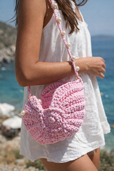 crafted by Nilüfer Deniz Kabuğu El Örgüsü Pembe Çanta – İncili Kadın Omuz Çan...