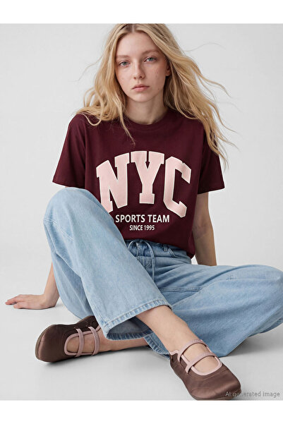 LC Waikiki Γυναικείο μπλουζάκι Claret Red Crew Neck NYC με τύπωμα