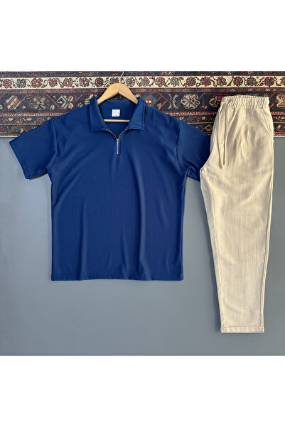 blucombin Men's Ottoman Ribbed T-Shirt and Linen Trousers 2-Piece Combination
